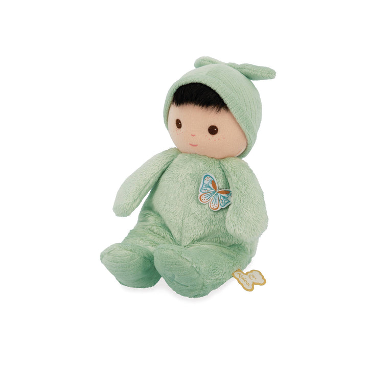 Baby holding Janod Tender Baby Pilea Doll soft cuddly toy