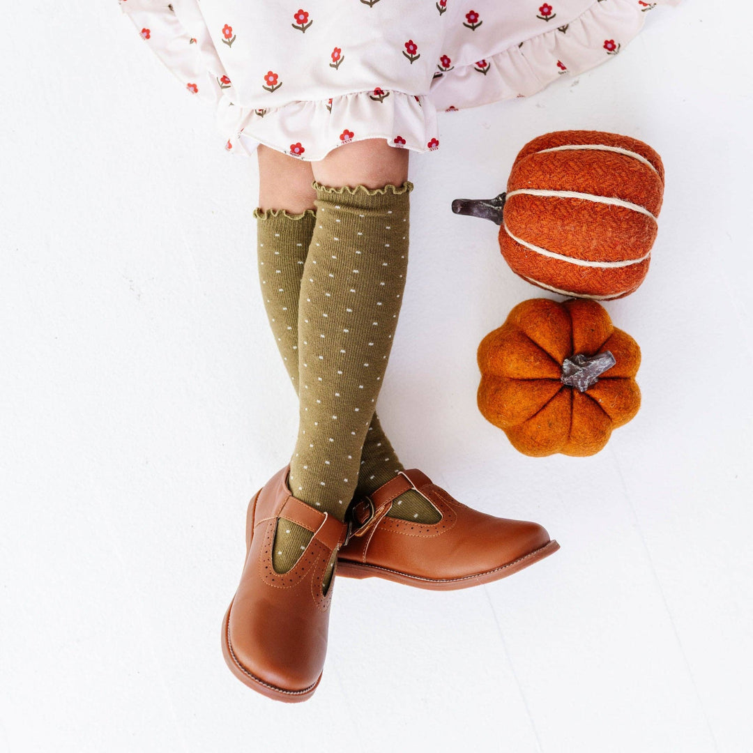 Little Stocking Co. Dottie Knee Socks in Olive paired with cognac boots and pumpkins, baby girl knee socks