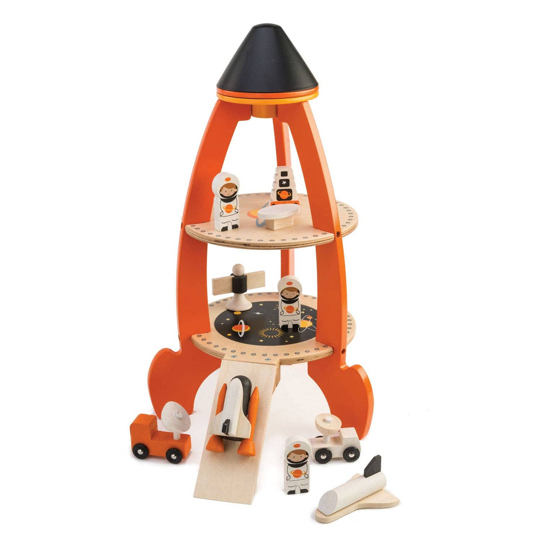 Tender Leaf Toys Cosmic Rocket Set with astronaut figures, moon buggy, and shuttle accessories on display
