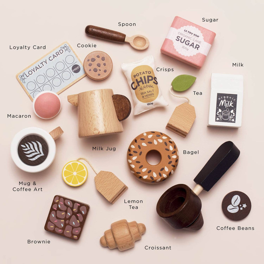 Perfect for creative role play, the Le Toy Van Barista CafŽ Shop wood toy lets children run their own cafŽ