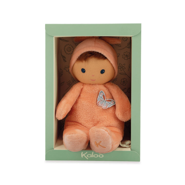Close up of Janod Tender Baby Zinnia Doll peach colored body