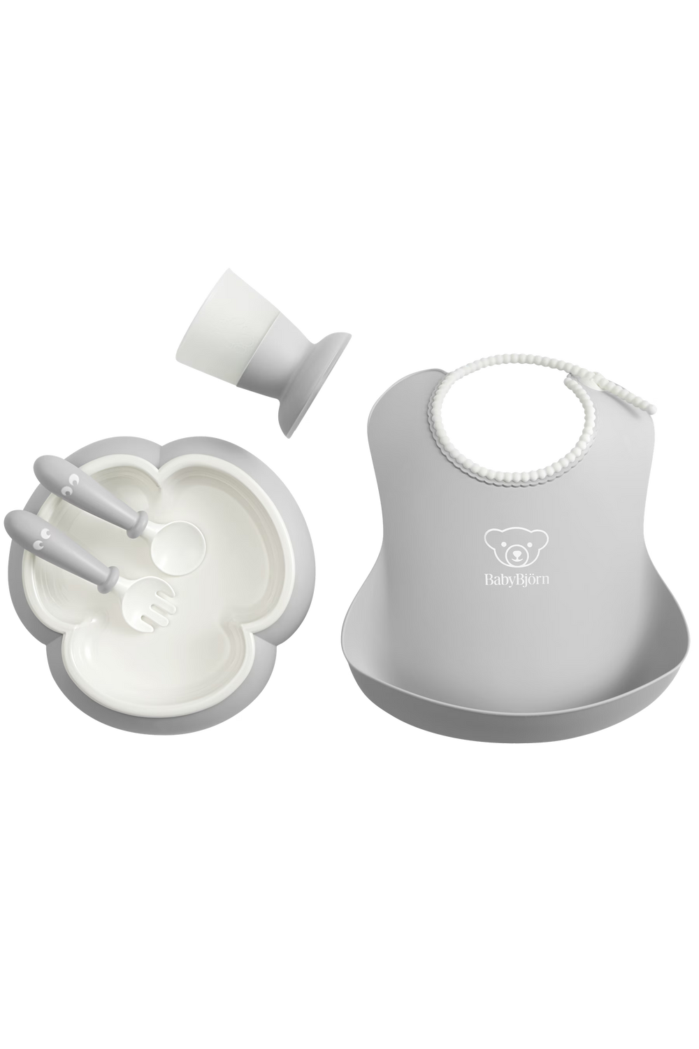 In powder gray accents, BabyBjorn Baby Dinner Set works as a practical baby feeding essentials set