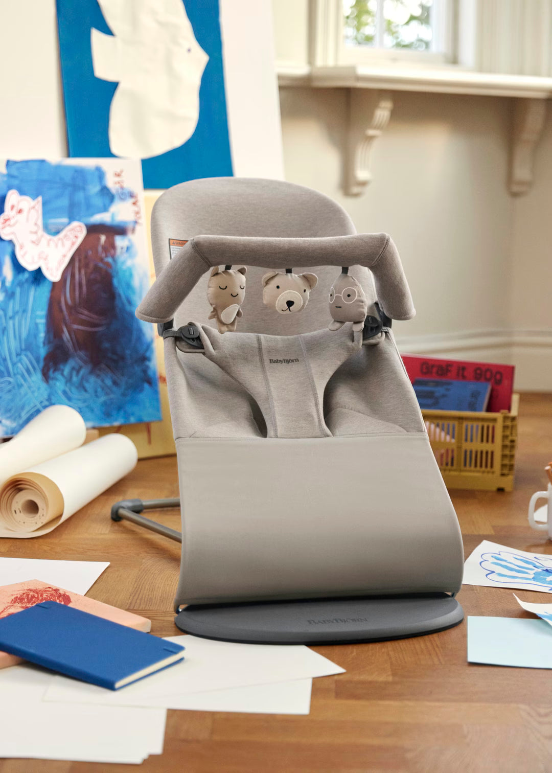 BabyBjorn Bouncer Toy fabric seat detail showing breathable mesh material and soft texture