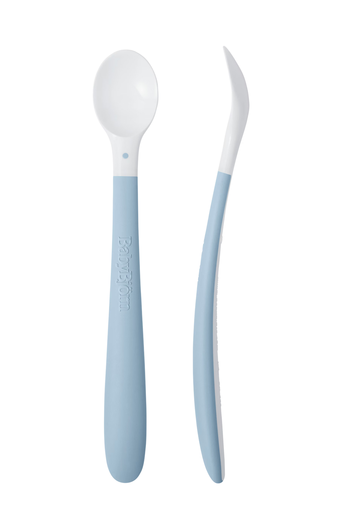 Designed in powder blue, BabyBjorn Baby Bowl 2pk pairs with baby spoons for easy feeding