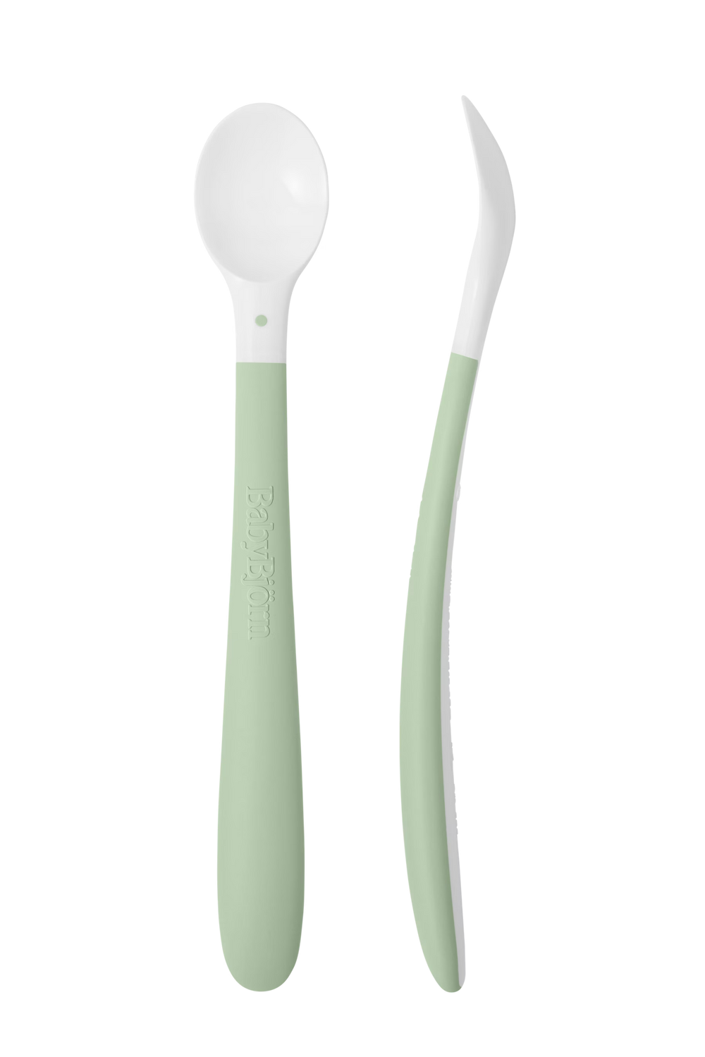 In powder green accents, BabyBjorn Baby Bowl 2pk complements baby feeding spoons for mealtime