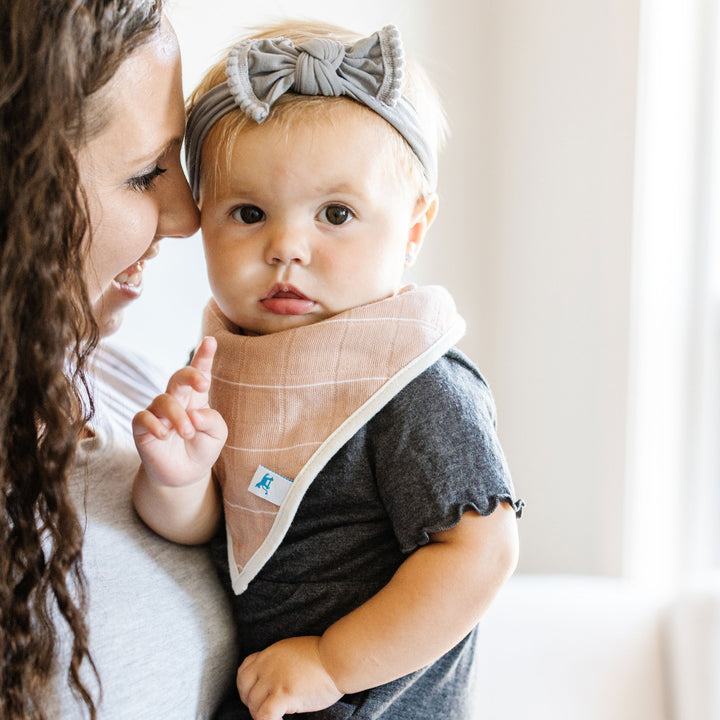 Little Unicorn Cotton Muslin + Fleece Bandana Bib 4 Pack - Mauve Stripe front view, perfect mix of comfort and style for baby bibs.