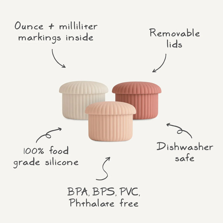 Mushie baby food container features infographic - dishwasher safe, BPA-free, oz and ml measurement markings