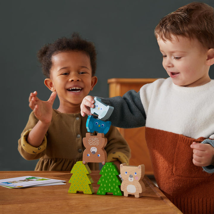 Forest Friends Stacking Toy by HABA, a charming wooden toy that enhances fine motor skills and is perfect for toddler play.