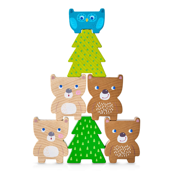 Forest Friends Stacking Toy, a colorful wooden toy set by HABA, perfect Montessori toy for stacking and motor skill development.