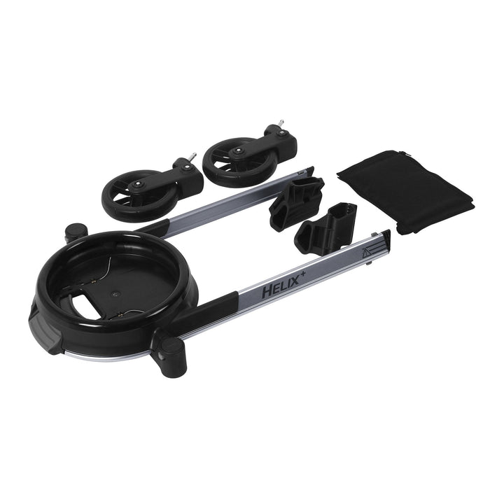 Front perspective of the Orbit Baby Helix+ Double Stroller Attachment Titanium emphasizing secure fit and best double stroller performance.