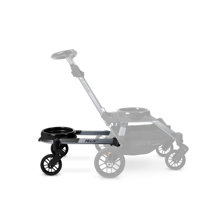 A close-up of the Orbit Baby Helix+ Double Stroller Attachment Titanium shows detailed construction and practical stroller attachments.