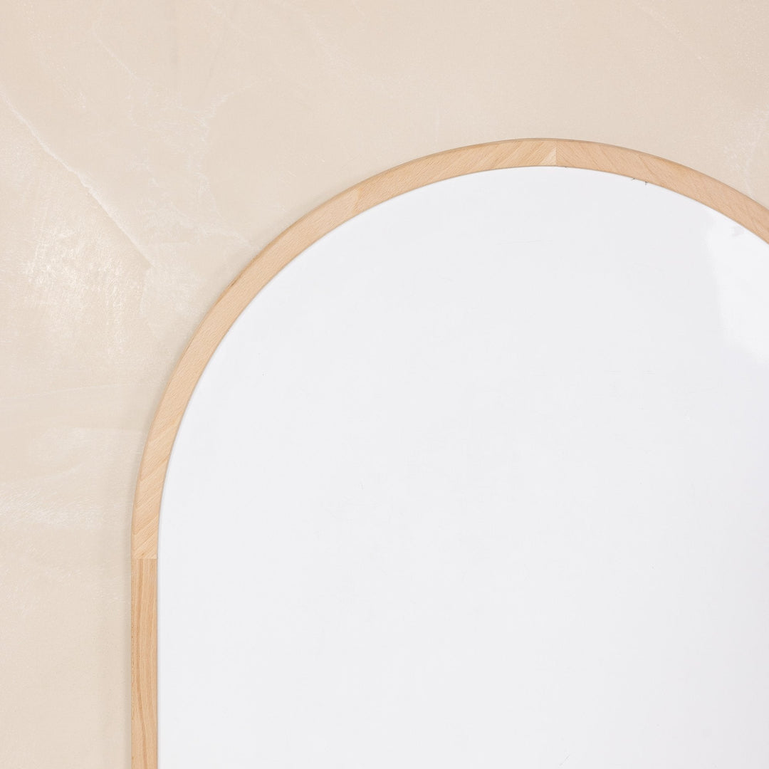 Close up of the arched wood frame on Gathre's dual sided chalkboard and whiteboard