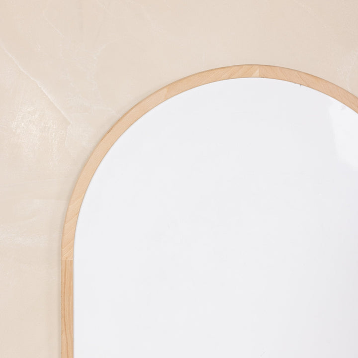Close up of the arched wood frame on Gathre's dual sided chalkboard and whiteboard