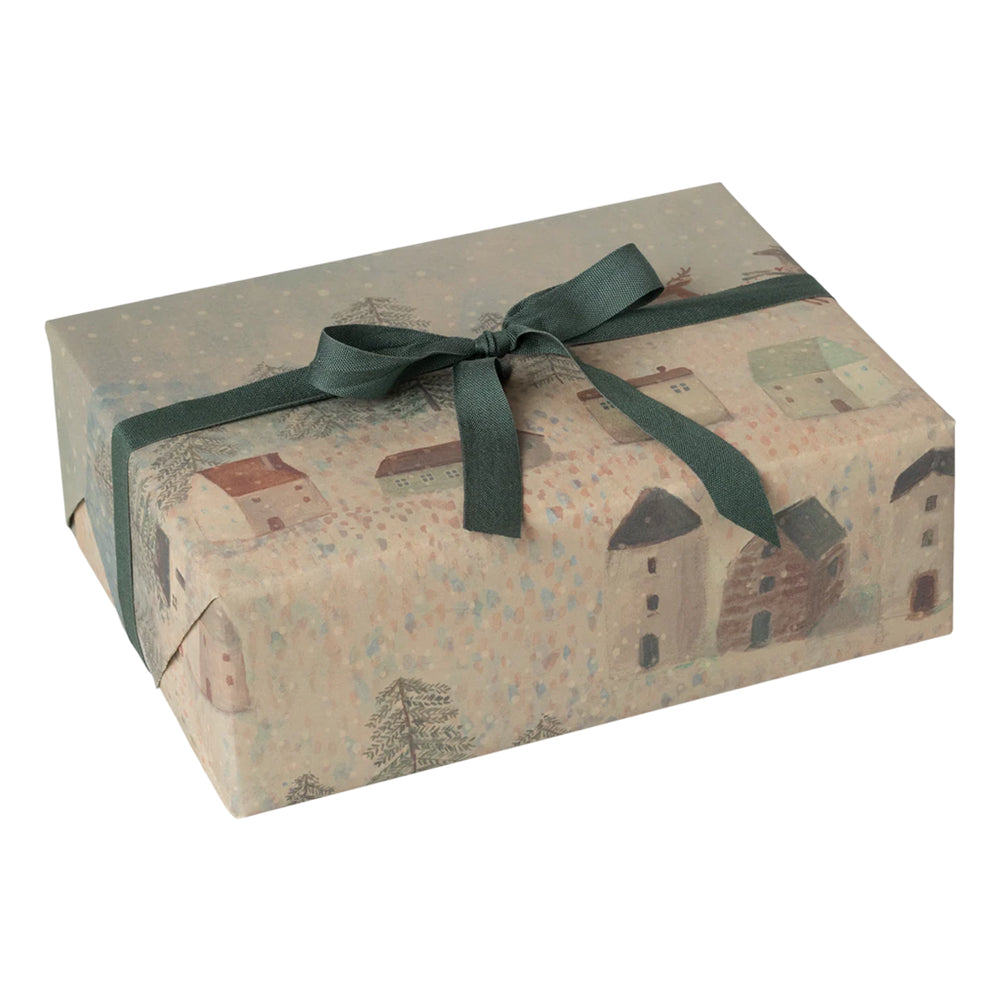 watercolor christmas wrapping paper showing scene of maileg mice in snow