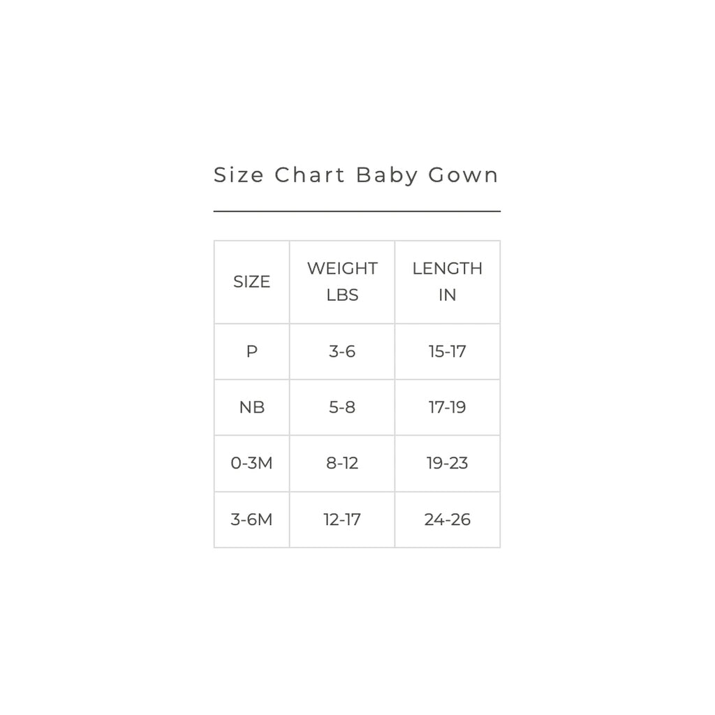 Size chart baby gown.