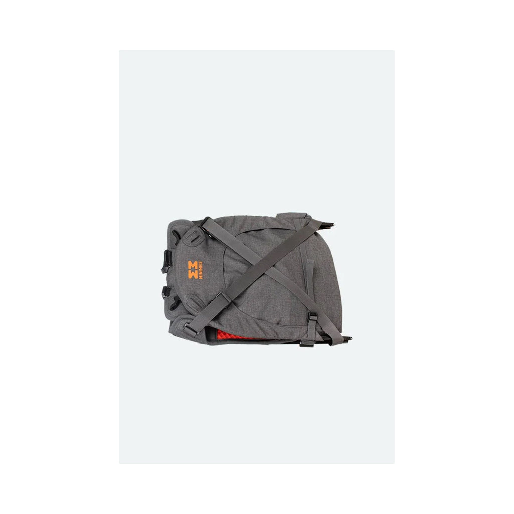 Folded up view of the grey/orange shoulder carrier