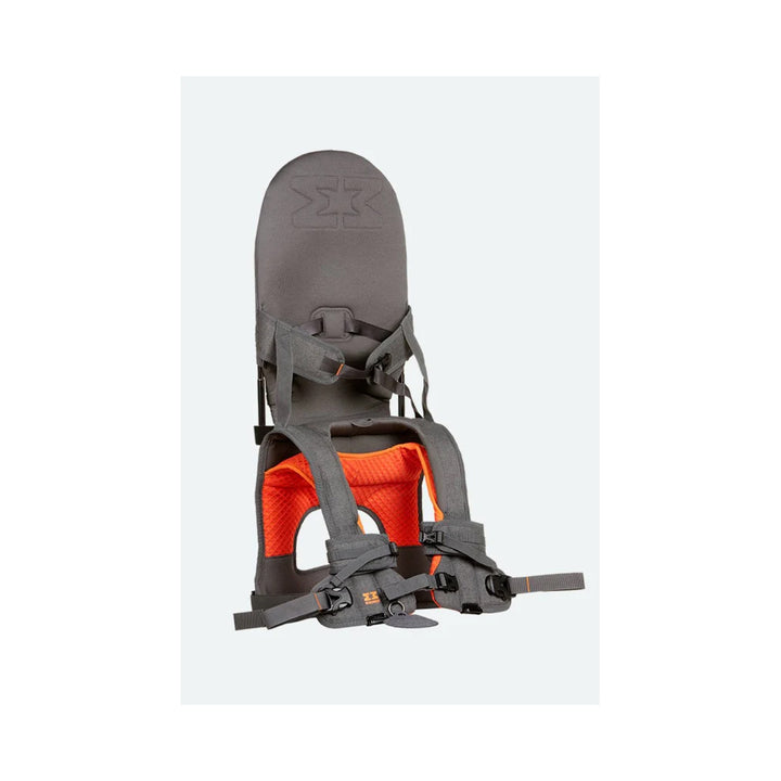 Angled side view of the orange/grey shoulder carrier