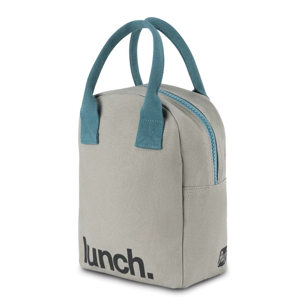 Fluf Grey/Midnight Zippered Reusable Lunch Bag for Children & Adults grey canvas, medium blue handles & zipper, black font