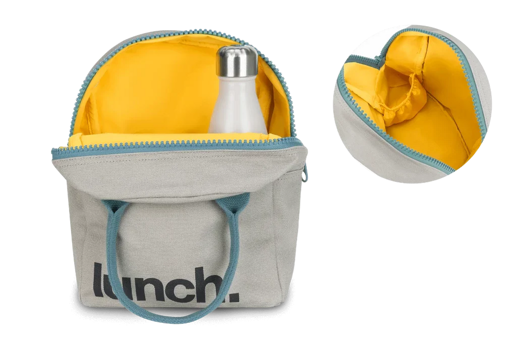 Fluf Grey/Midnight Zippered Reusable Lunch Bag for Children & Adults grey canvas, medium blue handles & zipper, black font, yellow interior