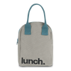 Fluf Grey/Midnight Zippered Reusable Lunch Bag for Children & Adults grey canvas, medium blue handles & zipper, black font