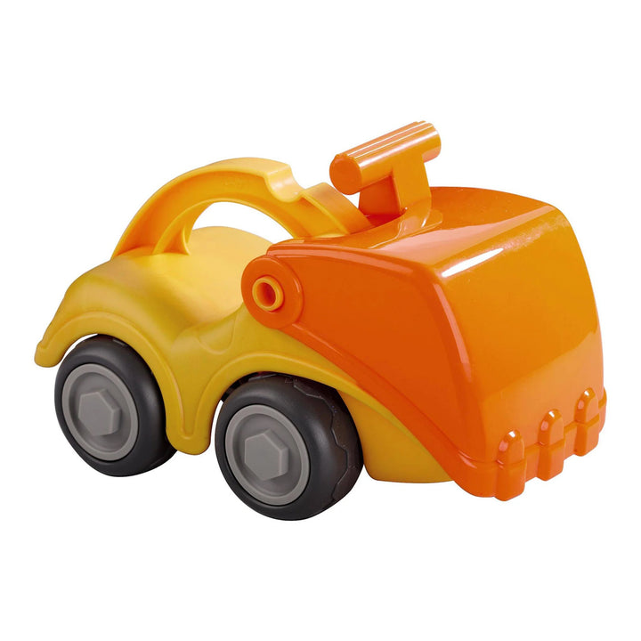 Bright orange and yellow excavator toy, ideal for sand play.