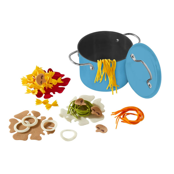 An adorable pasta set including blue pot, pasta, toppings and sauce.