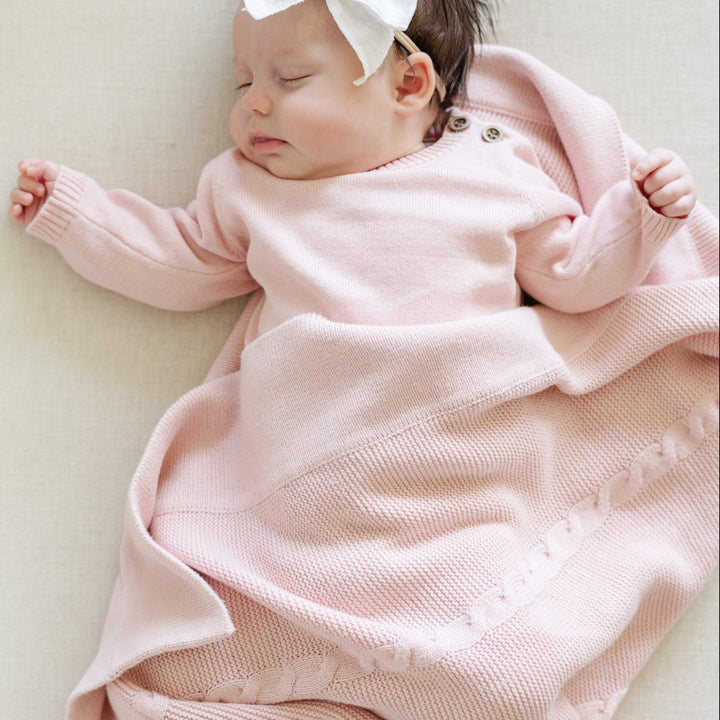Saranoni Heirloom Cotton Knit Receiving Blankets in Pink styled layered for effortless luxury and sweet baby blanket gift ideas.