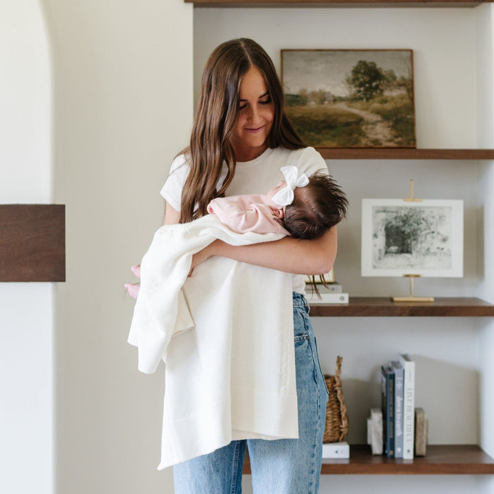 Saranoni Heirloom Cotton Knit Receiving Blankets in Cream styled cozy and minimal, ideal toddler blanket for comfort.