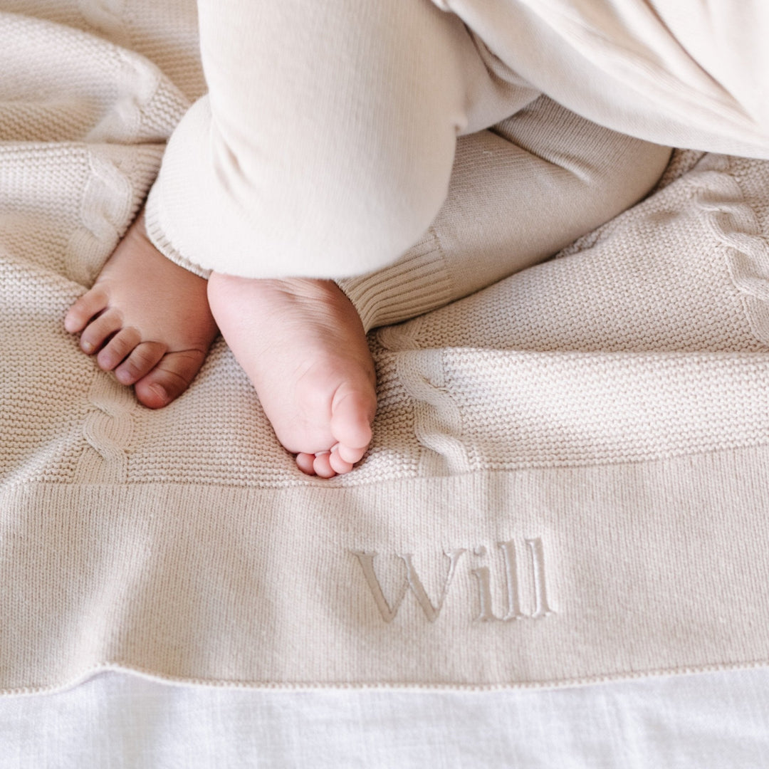 Tan Saranoni Heirloom Cotton Knit Receiving Blankets create the perfect baby knit blanket aesthetic for nurseries.