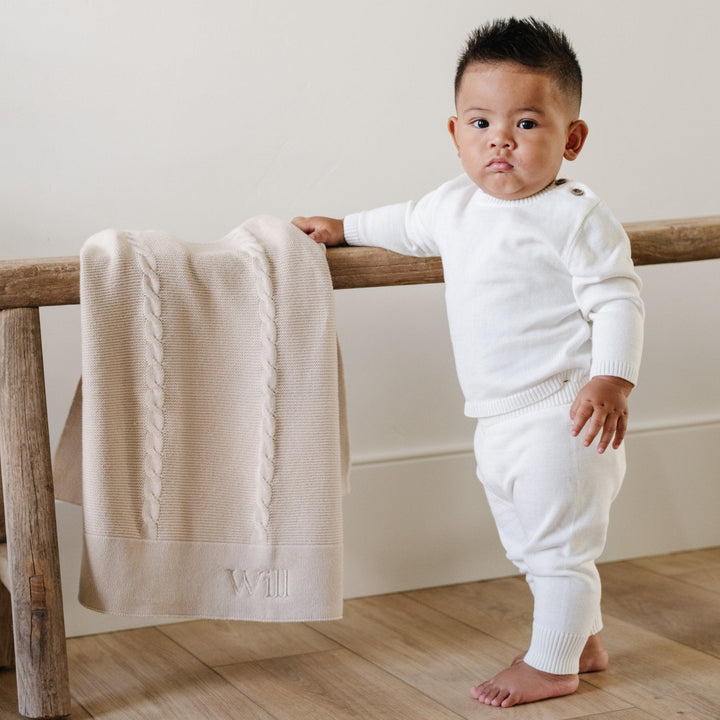 Perfect for play or naps, the Saranoni Heirloom Cotton Knit Set in Cream defines soft, stylish baby boy clothes.