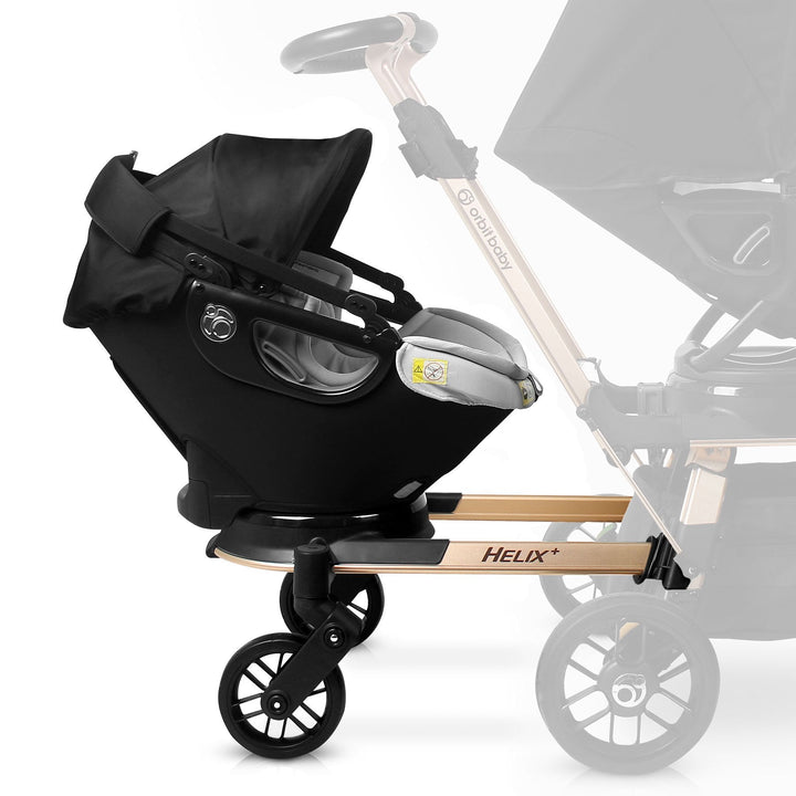 Make every stroll elegant with the Orbit Baby Helix+ with G5 Infant Car Seat in Black with Gold frame, a refined car seat stroller option.