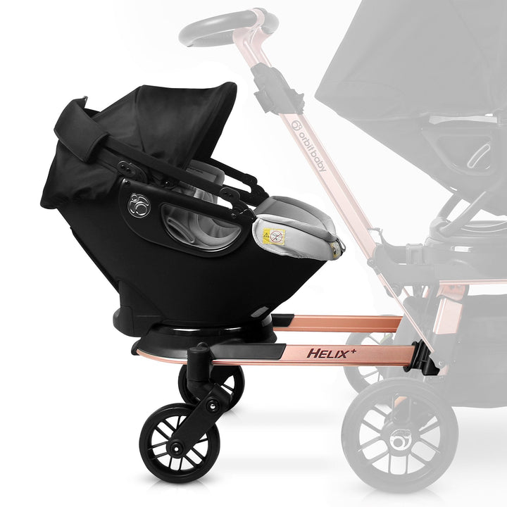 Designed for modern families, the Orbit Baby Helix+ with G5 Infant Car Seat in Black with Rose Gold frame offers a stylish baby travel system.