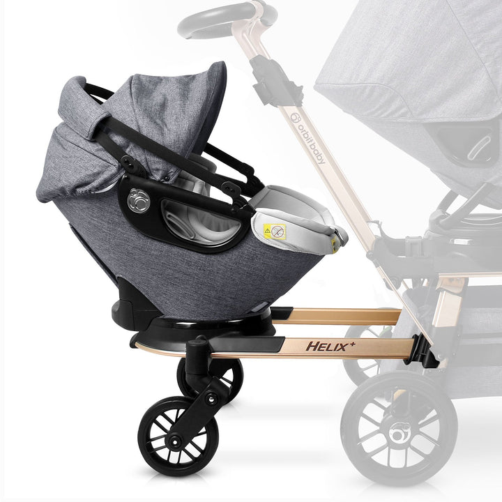 Elevate daily travel with the Orbit Baby Helix+ with G5 Infant Car Seat in MŽlange Grey with Gold frame, a chic stroller carseat combo built to last.