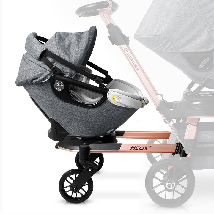 A touch of luxury defines the Orbit Baby Helix+ with G5 Infant Car Seat in MŽlange Grey with Rose Gold frame, your go-to stroller car seat combo.