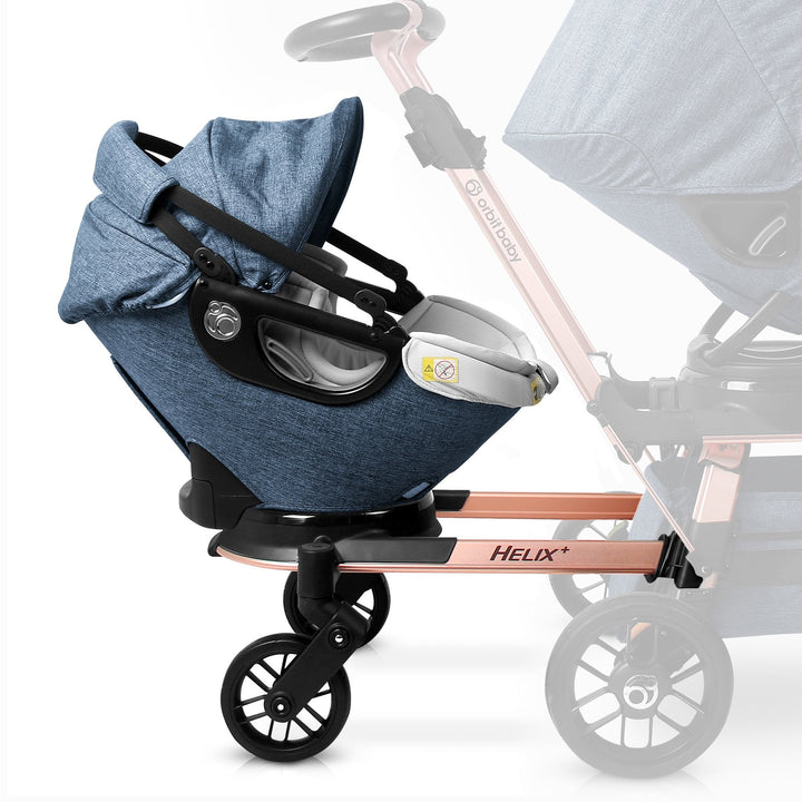 Crafted for parents who value design and function, the Orbit Baby Helix+ with G5 Infant Car Seat in MŽlange Navy with Rose Gold frame redefines the travel system.