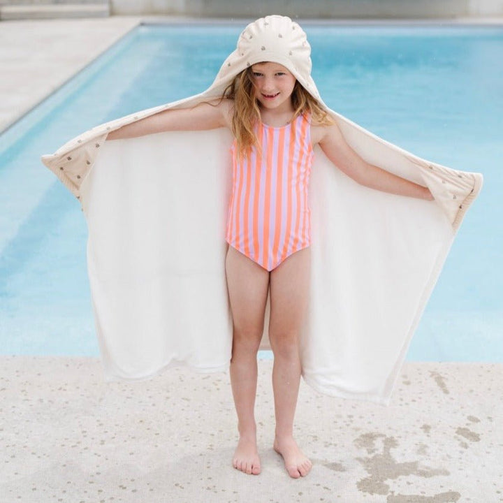 Soft and playful, Saranoni Hooded Towels in Tulips make perfect baby towels for bath or pool.