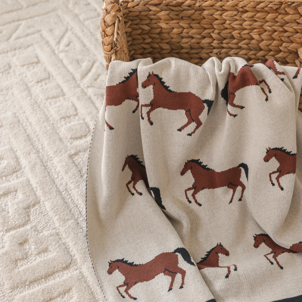 Viverano Organics Jacquard Sweater Knit Baby Blanket in horse  - lifestyle