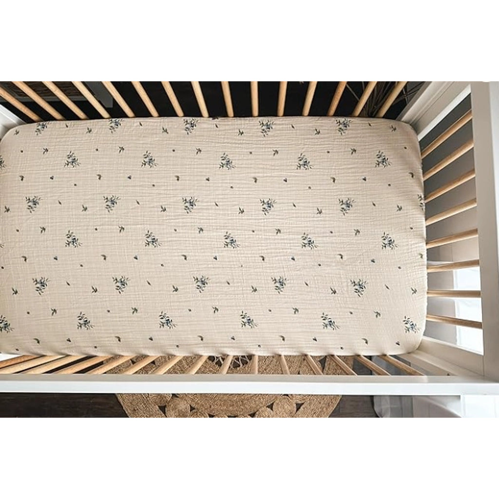 House of Elia organic cotton muslin crib fitted sheet in blueberry, premium baby crib sheets