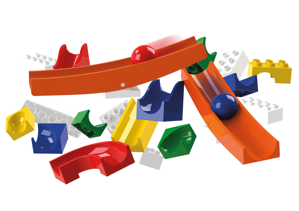 arranged pieces of haba building block track set