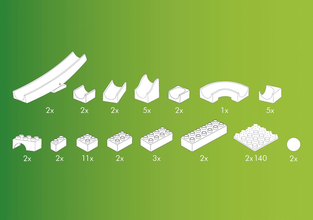 diagram showing pieces included in haba hubelino marble run see saw set