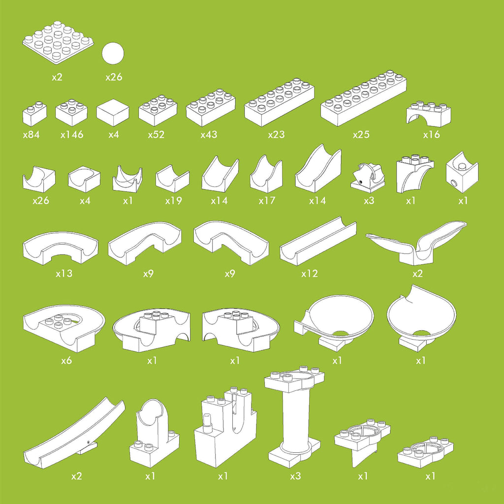 diagram of all pieces included in hubelion mega building box