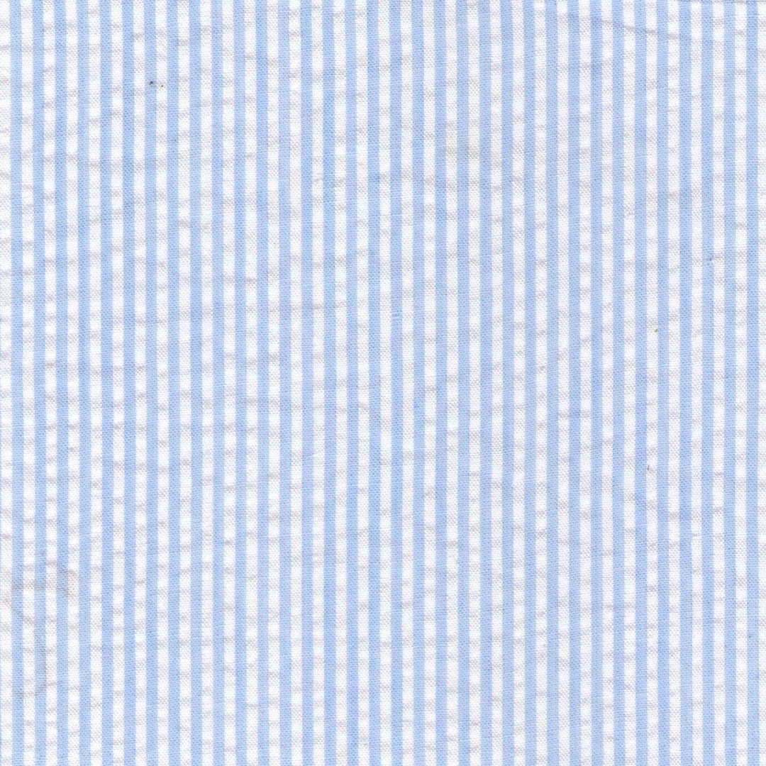 close up of huggaluggs upf 50 plus blue seer sucker fabric for bucket hat 