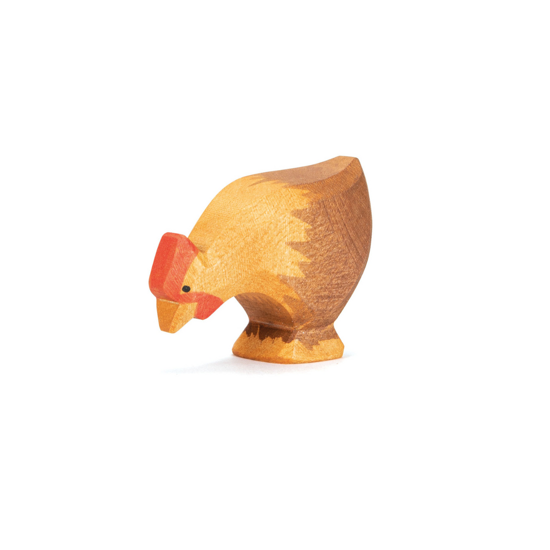 Ostheimer Hen, Brown Picking, a hand-carved wooden hen toy made in Germany