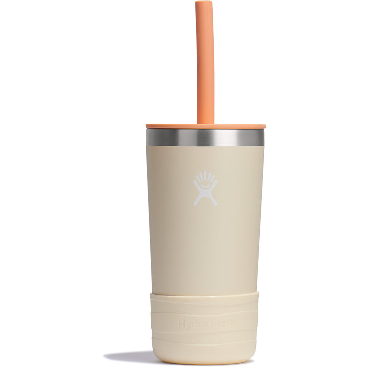 kids hydro flask tumbler with sealed straw lid in oat color with orange straw with attached hydro flask boot