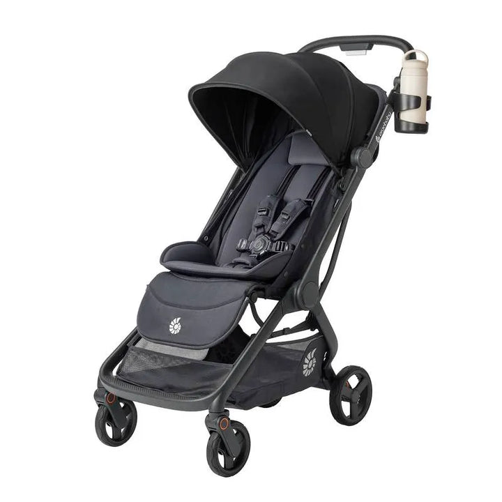 Water bottle in the cup holder accessory on the Ergobaby Metro 3 compact stroller