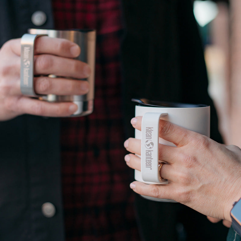 Lifestyle view of White Klean Kanteen 12oz Camp Mug, durable and travel-friendly for outdoor adventures.
