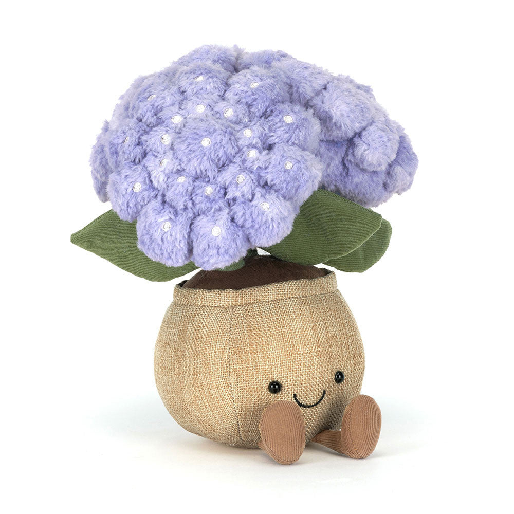 Jellycat Amuseables Hydrangea plush toy front view purple flower stuffed plant in pot soft floral plush nursery decor gift