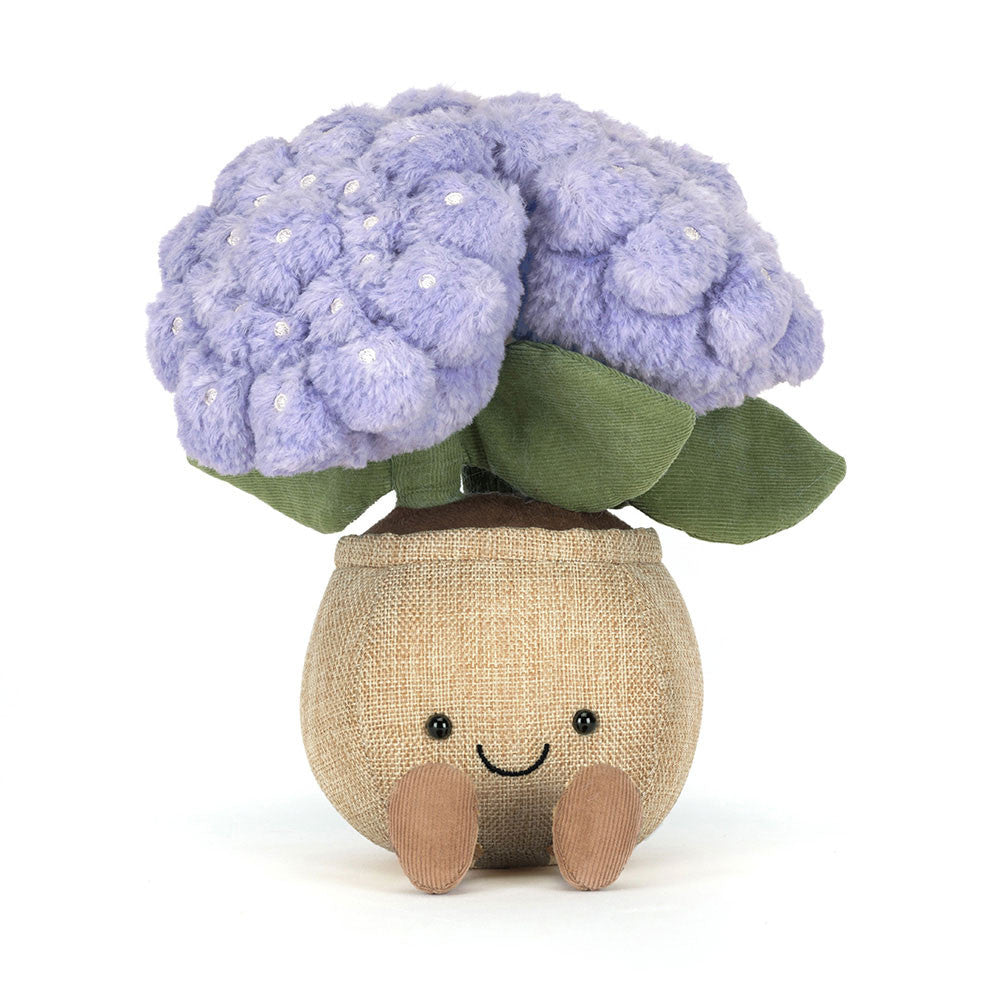 Jellycat Amuseables Hydrangea front sitting pose plush flower pot toy soft plant stuffed animal nursery gift idea