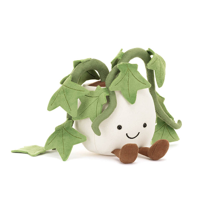 Jellycat Amuseables Ivy plush plant toy front view green trailing ivy stuffed plant in pot soft botanical plush nursery decor