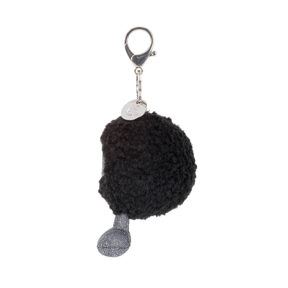 Jellycat Amuseables Black Hole Bag Charm side view plush round black hole keychain soft stuffed space toy clip accessory for bags and keys